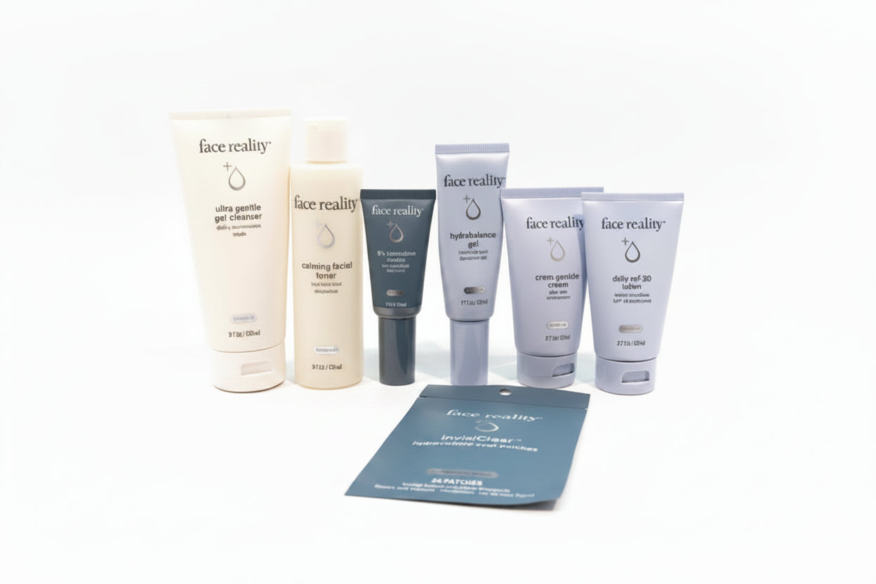 Collection of Face Reality skincare products on a white surface