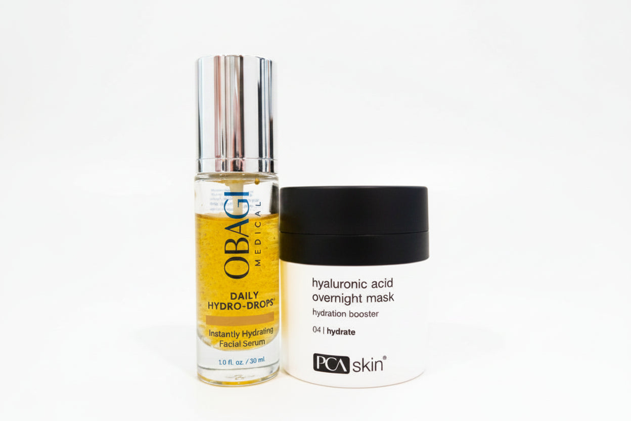Two skincare products, an Obagi serum and a PCA skin mask, on a white surface with a blurred background.