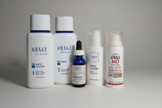 Collection of skincare products including Obagi and Elta MD on a white surface.